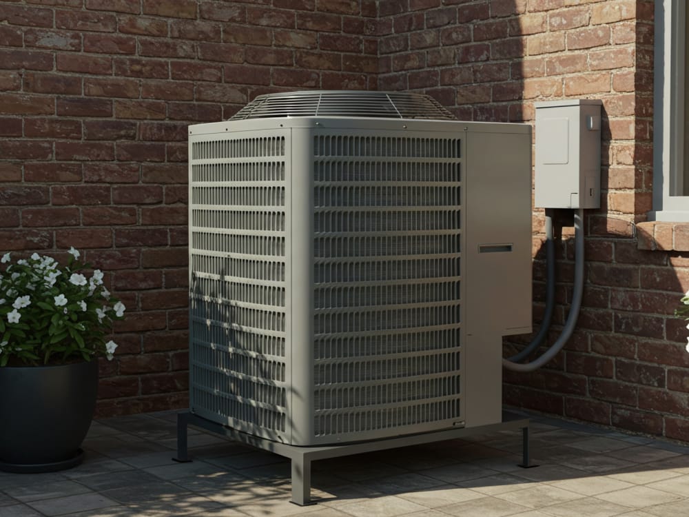 Outdoor air conditioning unit beside brick wall