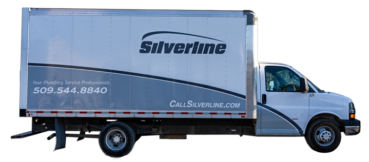 Silverline plumbing service truck with contact information.