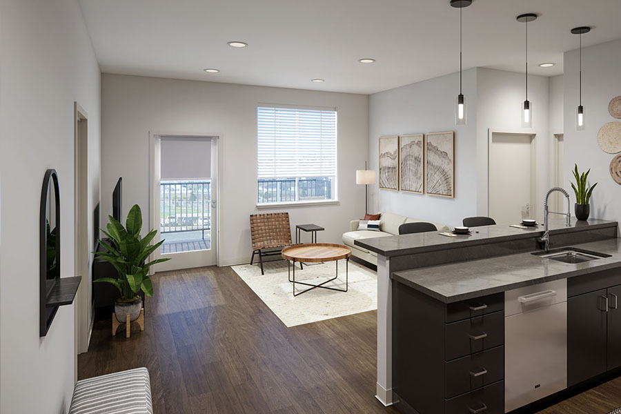 Modern kitchen and living room interior design