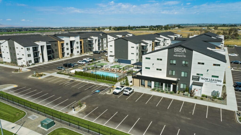 Brisa Heights apartments aerial view with parking.