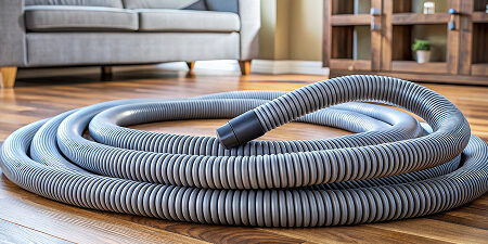 Coiled vacuum hose on wooden floor