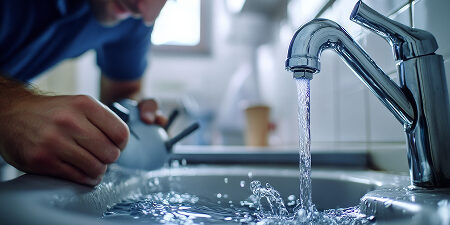 Person fixing running faucet in bathroom sink.