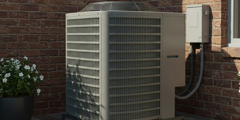 Outdoor air conditioning unit beside brick wall
