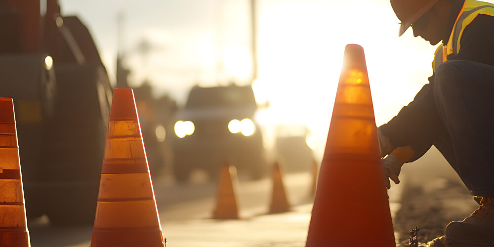 Construction worker placing traffic cones at sunset.